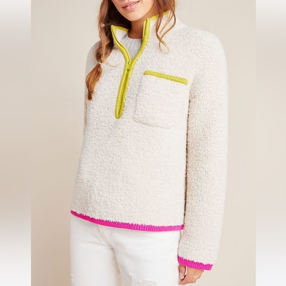 Anthropologie Jackets & Blazers - Anthropologie Stasia Sherpa Pullover Size Large Cream Pink Very Soft Preowned